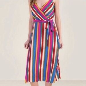 Blue Rain Size Med Colorful Striped Faux Wrap Women's Midi Dress Spaghetti Strap